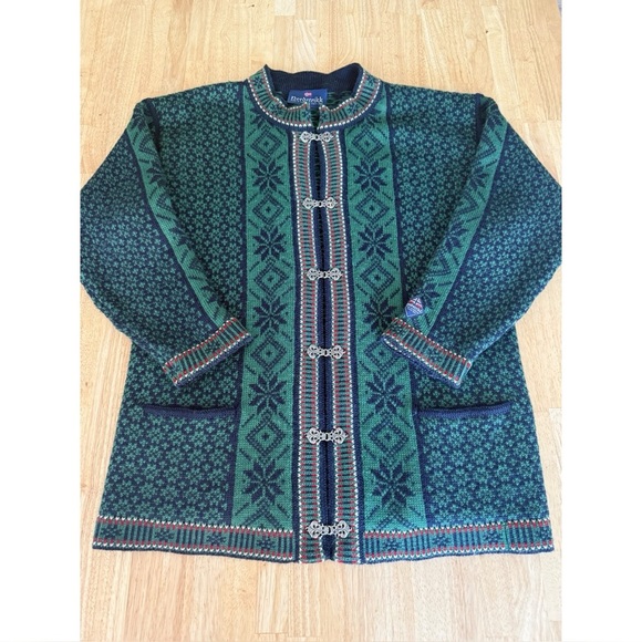 Vintage Nordstrikk womens cardigan jacket virgin wool green navy pewter clasp L - Picture 2 of 10